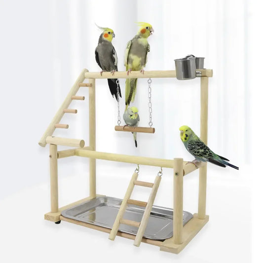Wooden Bird Play Gym with Ladder & Stainless Steel Cups | Bon Bon Bird Toys