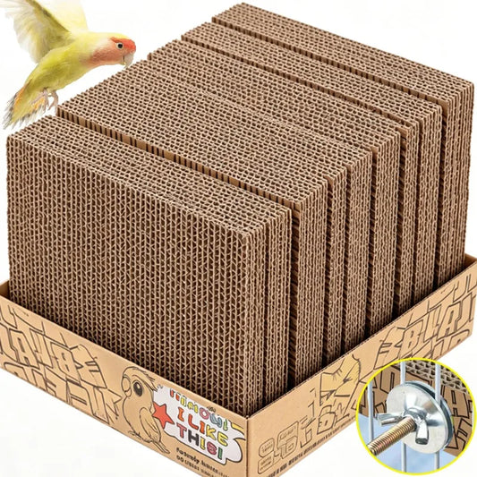 A set of brown corrugated cardboard bird toys stacked inside a cardboard display box, with a small parrot shown in the upper left and a circular inset showing a mounting hardware detail.