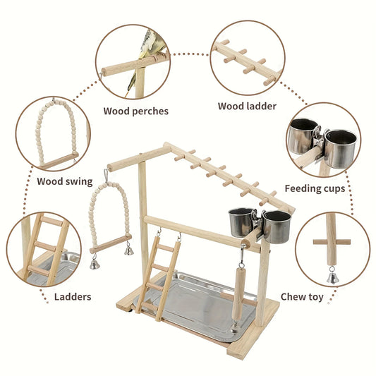 Wooden Bird Play Gym with Rope Perch, Ladder & Swing | Bon Bon Bird Toys