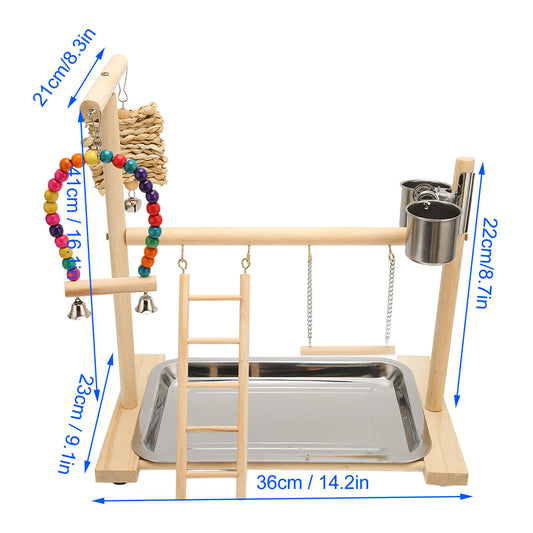 Pine Wood Bird Play Gym with Corn Husk Swing & Feeding Cups | Bon Bon Bird Toys