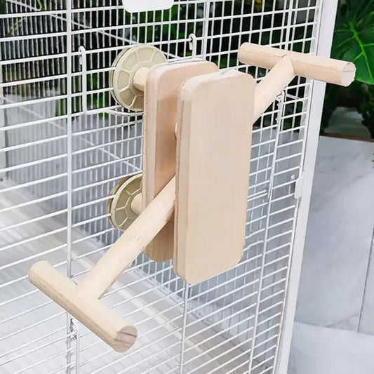 A wooden bird toy with cage mounting, shown attached to a white wire bird cage.