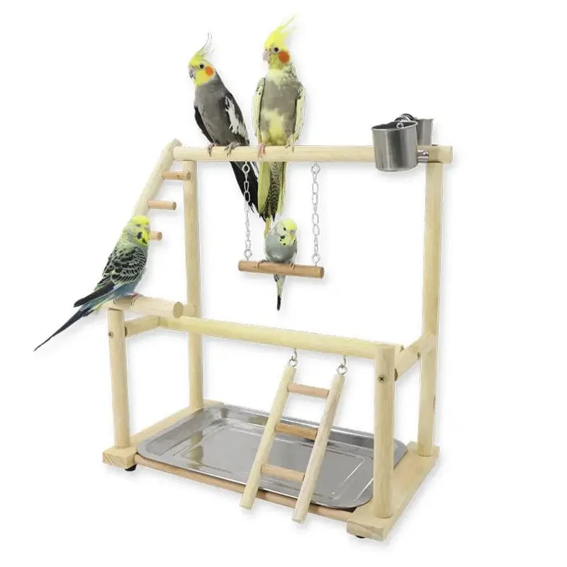 Wooden Bird Play Gym with Ladder & Stainless Steel Cups | Bon Bon Bird Toys
