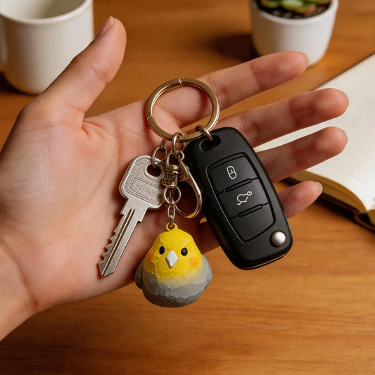 Hand-Carved Wood Cockatiel Keychain | Bon Bon Bird Toys