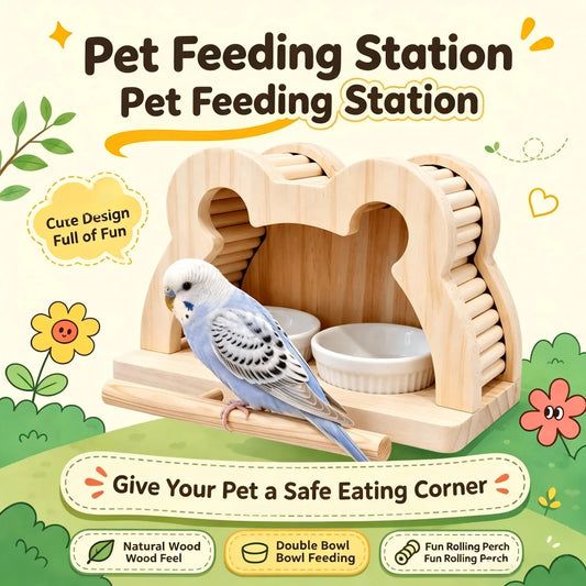 A light natural wood bird feeder station with two white ceramic bowls and a curved perch, shown with a blue-and-white budgie perched on it. The image includes marketing text and decorative floral graphics on a pale cream background.