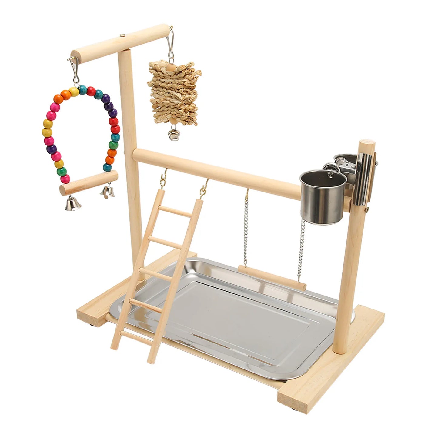 Pine Wood Bird Play Gym with Corn Husk Swing & Feeding Cups | Bon Bon Bird Toys