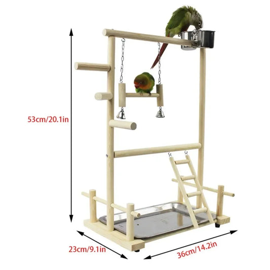 Wooden Bird Play Gym with Ladder, Swing & Feeding Cups | Bon Bon Bird Toys