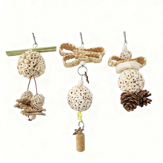 Set of bird toys with natural elements on a white background
