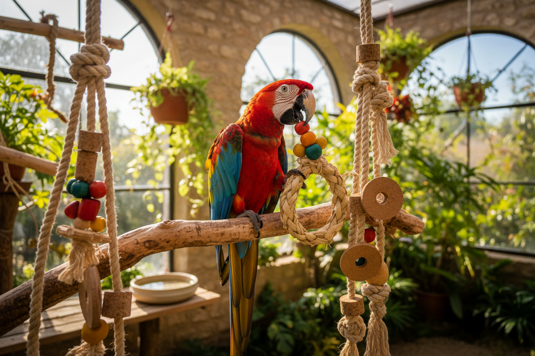 Red macaw sitting on a perch