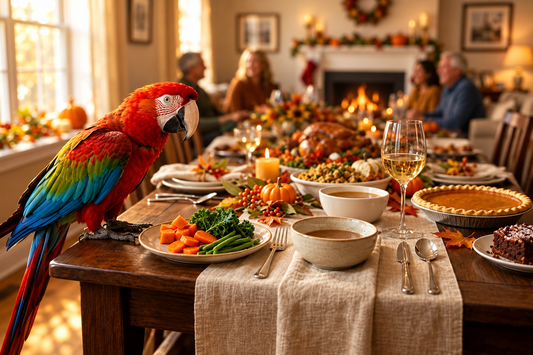 Macaw at Thanksgiving table