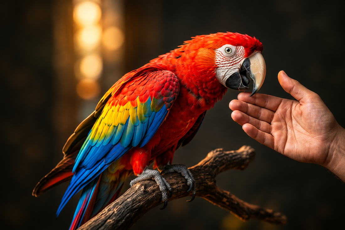 Red macaw biting human hand