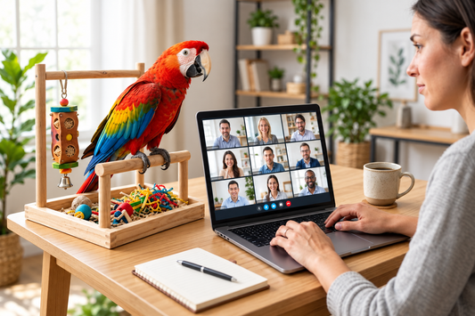 Woman working on computer with a macaw watching.