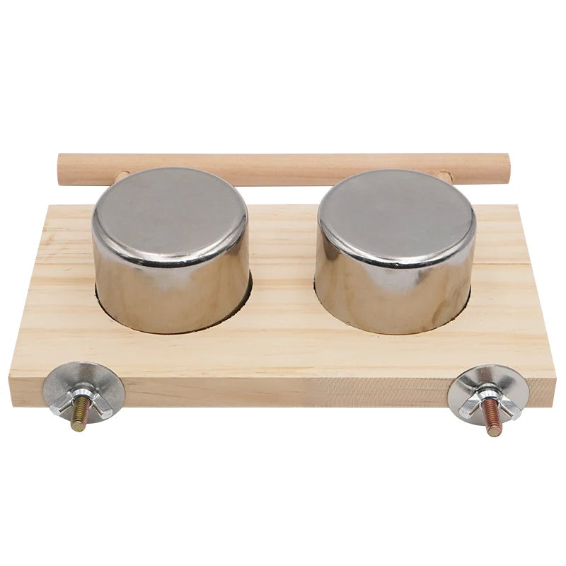 Wood Perch Stand with Stainless Steel Feeding Cups