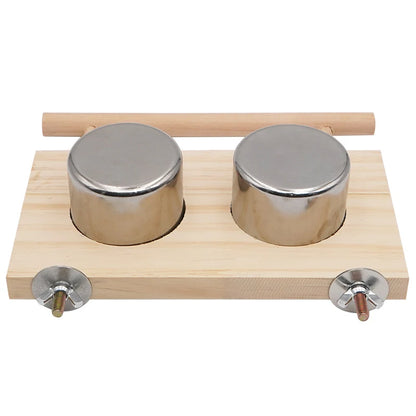 Wood Perch Stand with Stainless Steel Feeding Cups