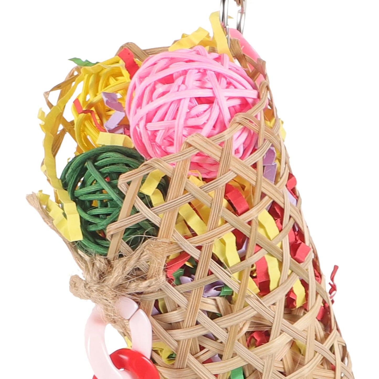 Woven Cone Shreddable Parrot Toy with Chain Rings | Bon Bon Bird Toys