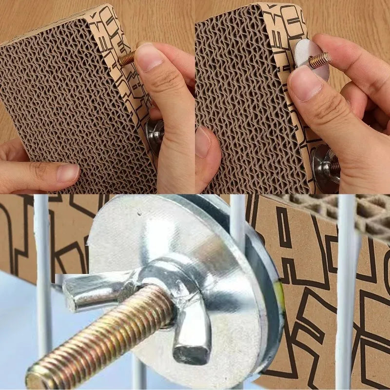 Cardboard blocks with metal components being held by hands against a wooden background