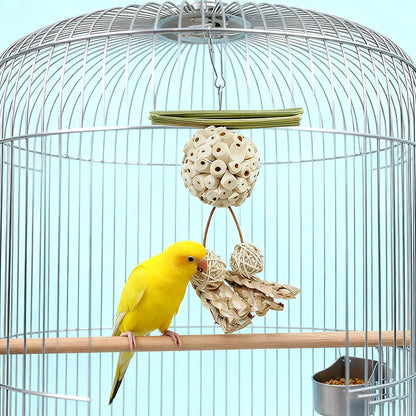 Yellow parakeet in a birdcage with a light blue background