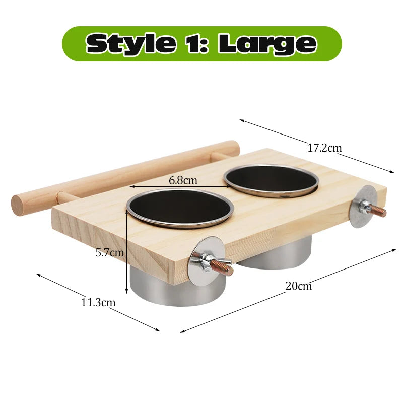 Wood Perch Stand with Stainless Steel Feeding Cups