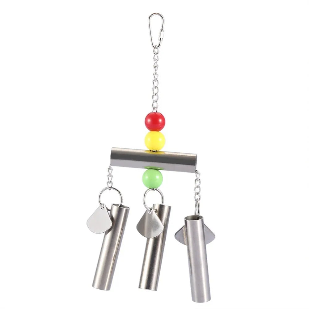 A metal bird toy with three hanging silver tubes, a horizontal bar, and three colored beads in red, yellow, and green, shown on a plain white background.