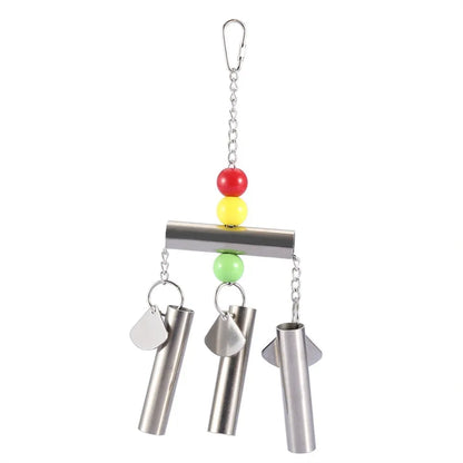 A metal bird toy with three hanging silver tubes, a horizontal bar, and three colored beads in red, yellow, and green, shown on a plain white background.