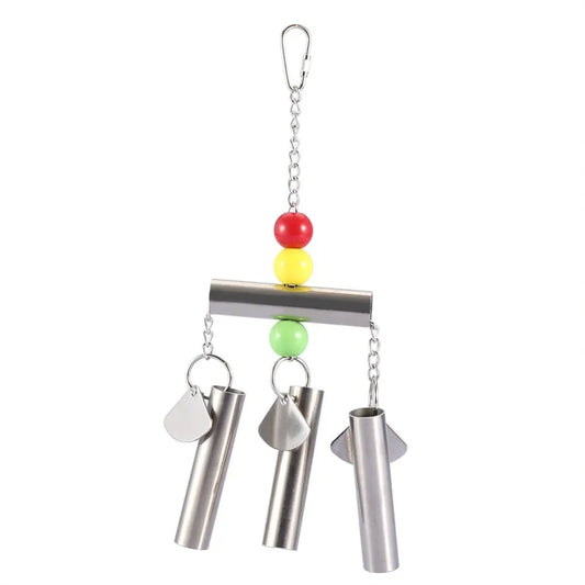 A metal bird toy with three hanging silver tubes, a horizontal bar, and three colored beads in red, yellow, and green, shown on a plain white background.