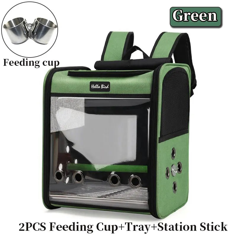 Bird Travel Backpack Carrier with Perch and Feeding Cups