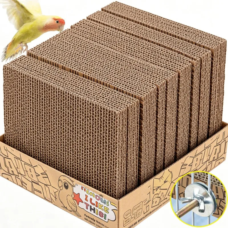 A set of brown corrugated cardboard bird toys stacked inside a cardboard display box, with a small parrot shown in the upper left and a circular inset showing a mounting hardware detail.