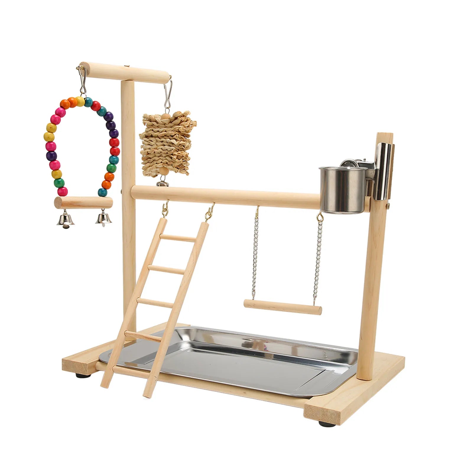 Pine Wood Bird Play Gym with Corn Husk Swing & Feeding Cups | Bon Bon Bird Toys