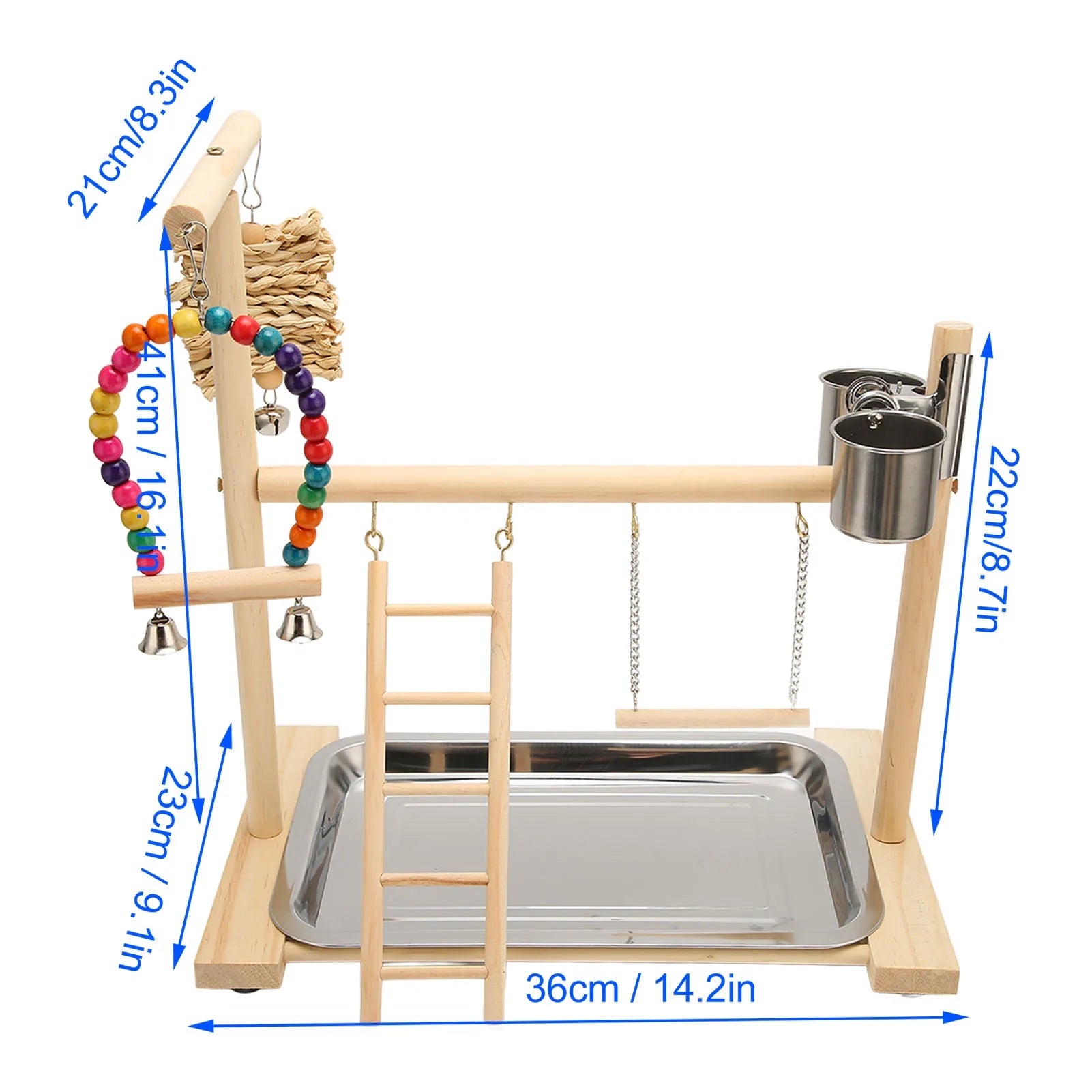 Pine Wood Bird Play Gym with Corn Husk Swing & Feeding Cups | Bon Bon Bird Toys