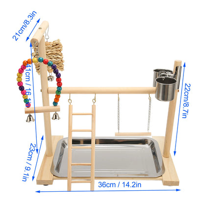 Pine Wood Bird Play Gym with Corn Husk Swing & Feeding Cups | Bon Bon Bird Toys