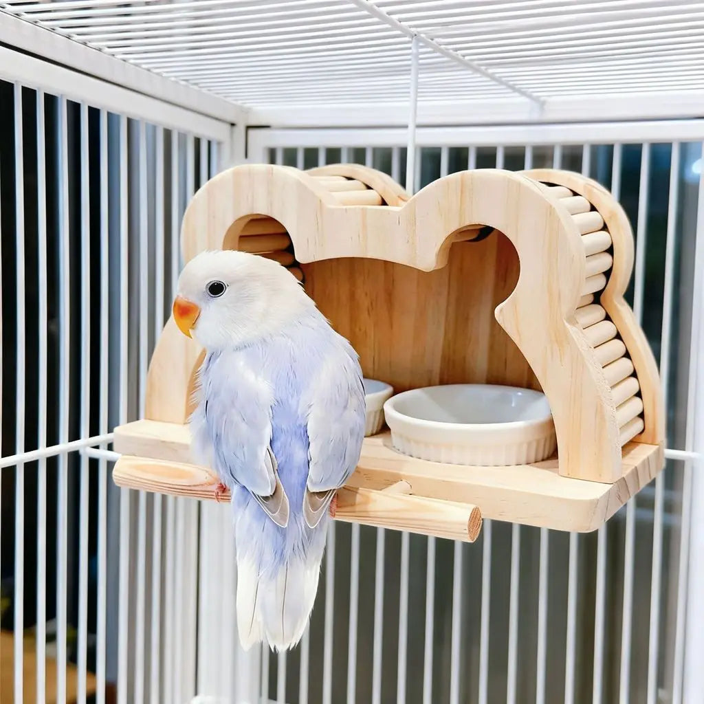Wooden Bird Feeder House with Ceramic Bowls and Perch