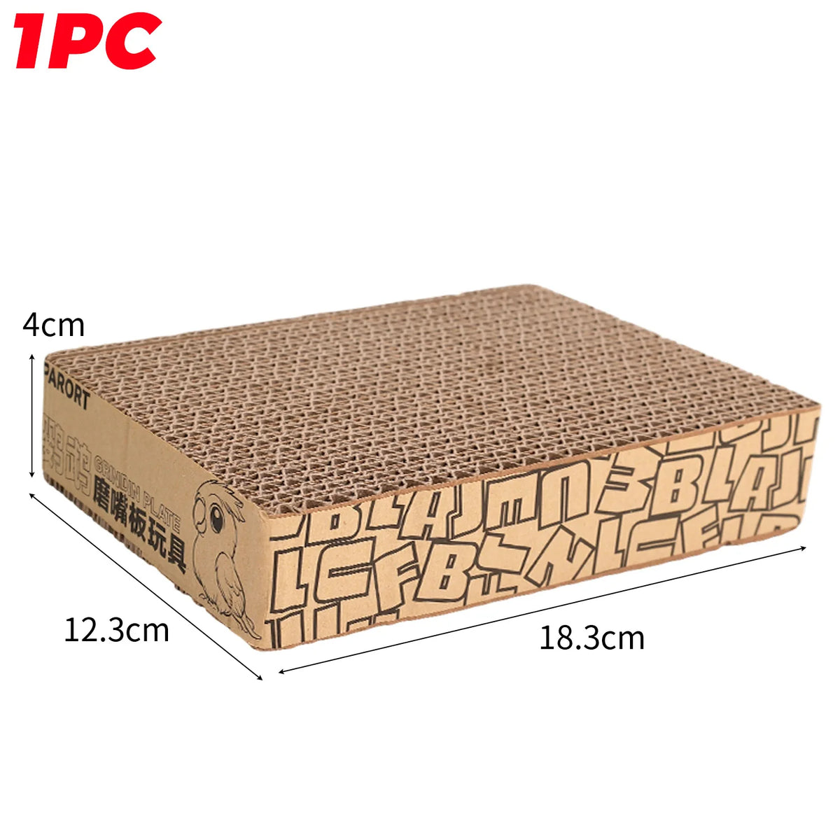 Cardboard bird shredding toy with dimensions and '1PC' branding on a white background