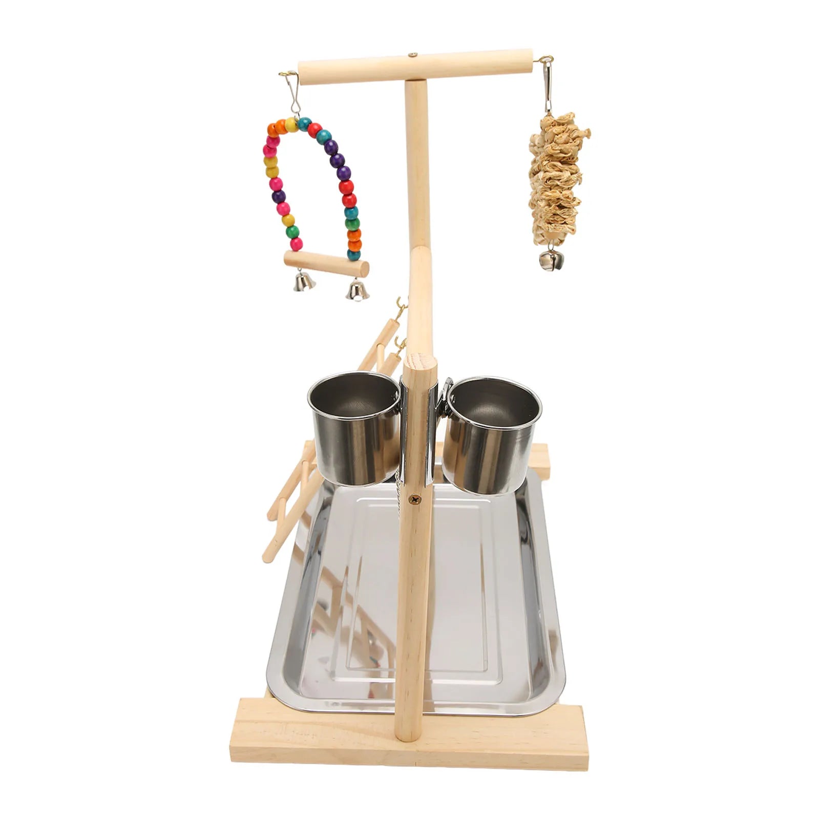 Pine Wood Bird Play Gym with Corn Husk Swing & Feeding Cups | Bon Bon Bird Toys