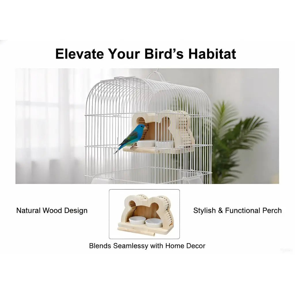 A white metal bird cage with a small blue-and-yellow bird perched inside, shown on a light background with text reading 'Elevate Your Bird's Habitat' and a smaller inset of a natural wood perch labeled 'Natural Wood Design' and 'Stylish & Functional Perch.'.