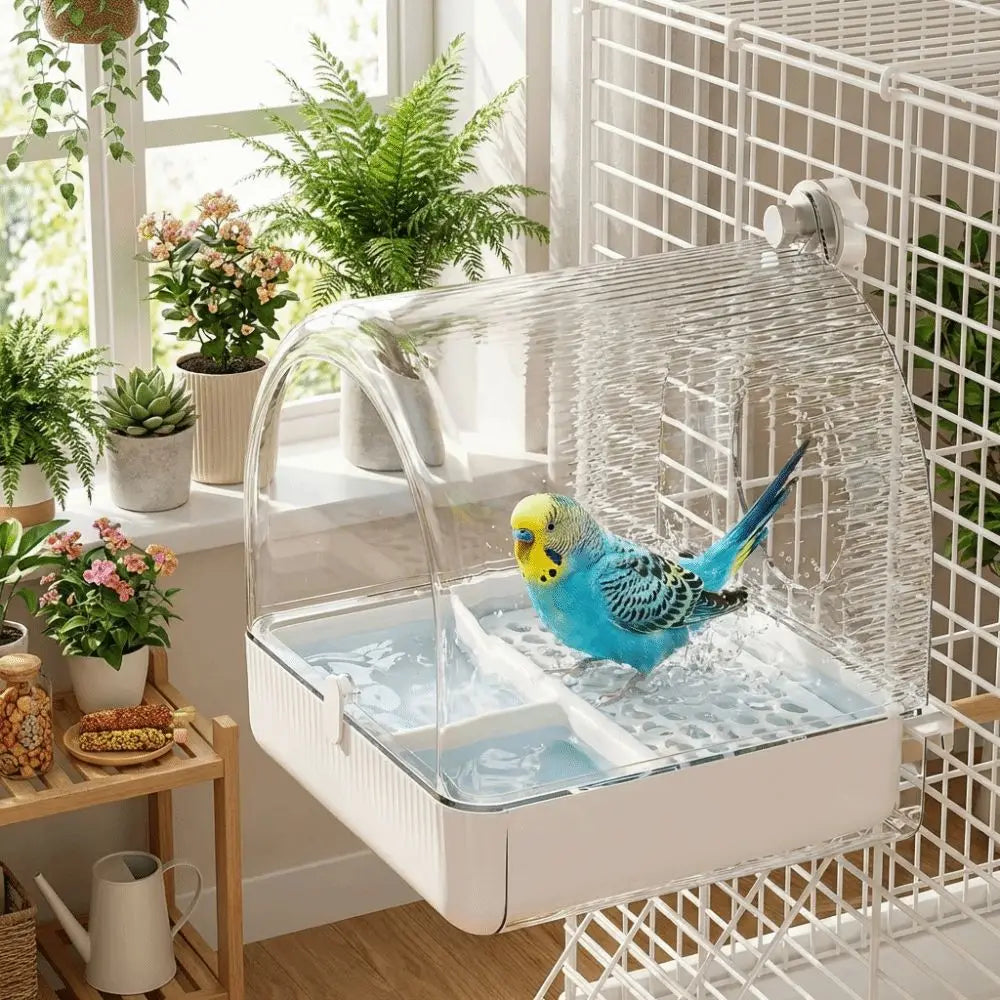 Transparent Bird Bath and Feeder with Dome Cover | Bon Bon Bird Toys