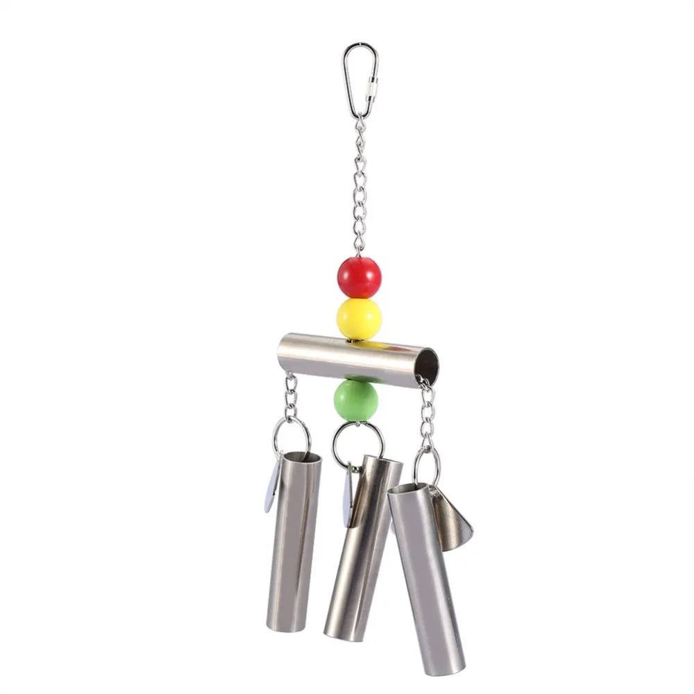 A stainless steel bird toy with three hanging metal tubes, a horizontal metal bar, and three colorful beads in red, yellow, and green, suspended from a carabiner on a white background.