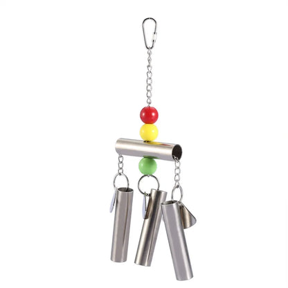 A stainless steel bird toy with three hanging metal tubes, a horizontal metal bar, and three colorful beads in red, yellow, and green, suspended from a carabiner on a white background.
