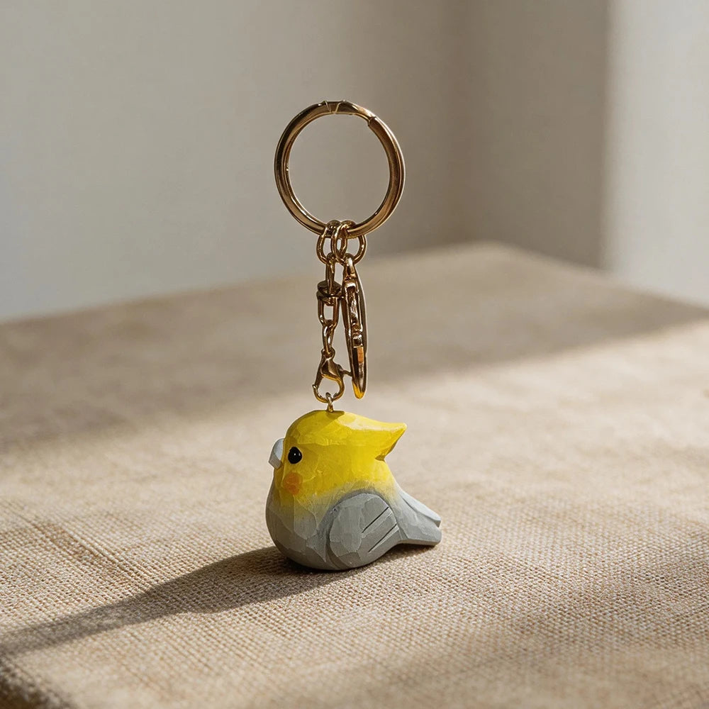 Hand-Carved Wood Cockatiel Keychain | Bon Bon Bird Toys