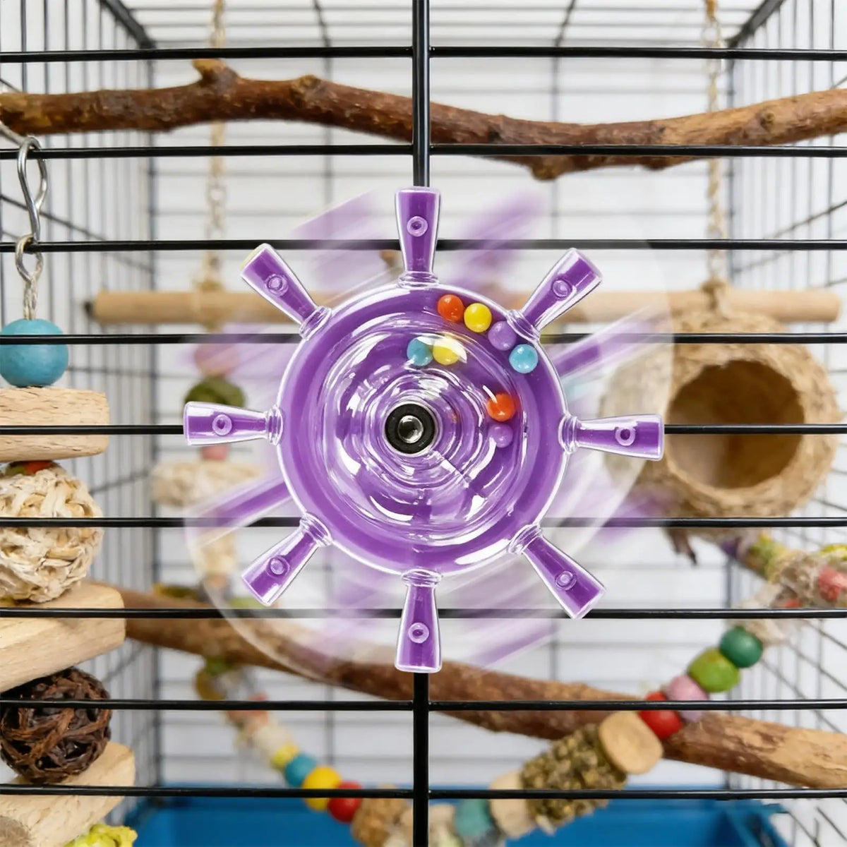 A purple translucent spinning wheel bird toy with colorful beads