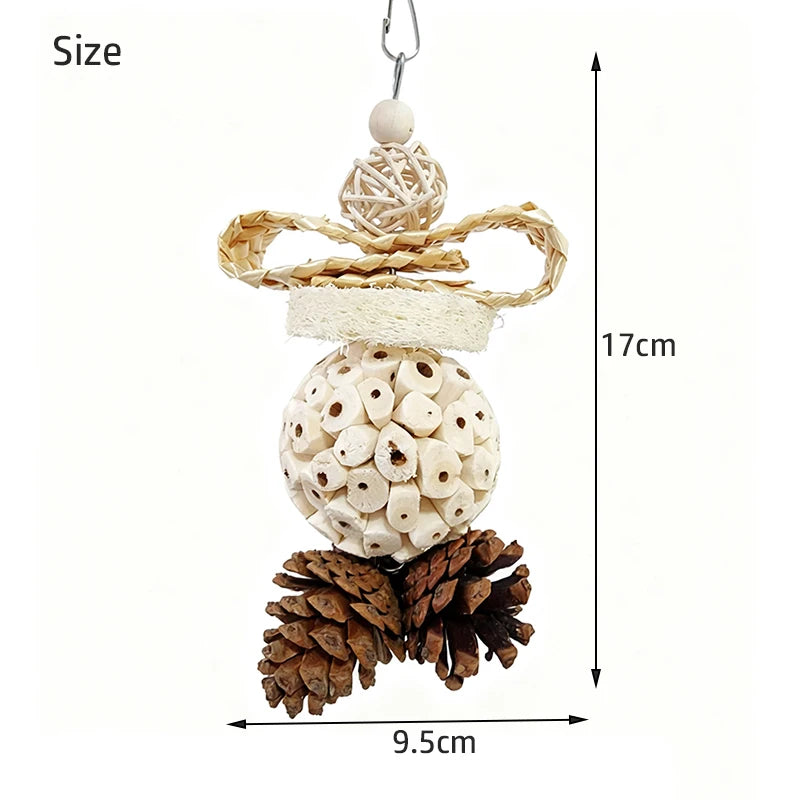 A hanging bird toy with a woven straw crown, a white bead-covered ball, and pinecone bases, shown on a white background with dimension labels indicating 17 cm height and 9.5 cm width.