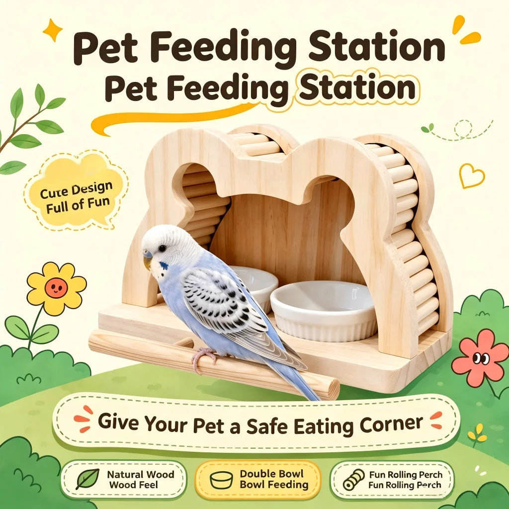 A light natural wood bird feeder station with two white ceramic bowls and a curved perch, shown with a blue-and-white budgie perched on it. The image includes marketing text and decorative floral graphics on a pale cream background.