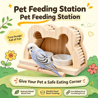 A light natural wood bird feeder station with two white ceramic bowls and a curved perch, shown with a blue-and-white budgie perched on it. The image includes marketing text and decorative floral graphics on a pale cream background.
