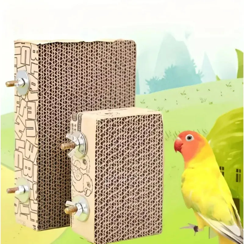 Two rectangular cardboard platforms with metal bolts and decorative printed patterns, shown against a stylized green landscape background with a yellow-and-orange parrot on the right.