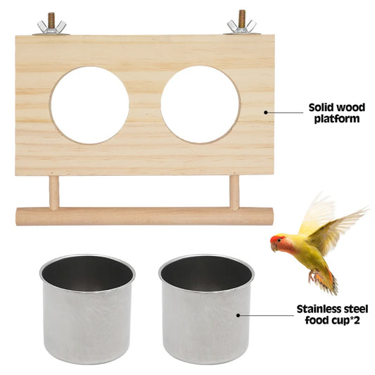 Wood Perch Stand with Stainless Steel Feeding Cups