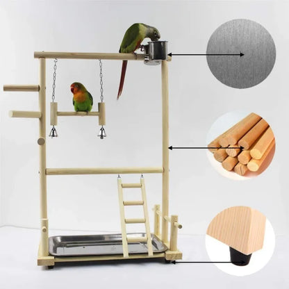 Wooden Bird Play Gym with Ladder, Swing & Feeding Cups | Bon Bon Bird Toys