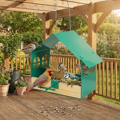 House-Shaped Hanging Bird Feeder with Wood Panels
