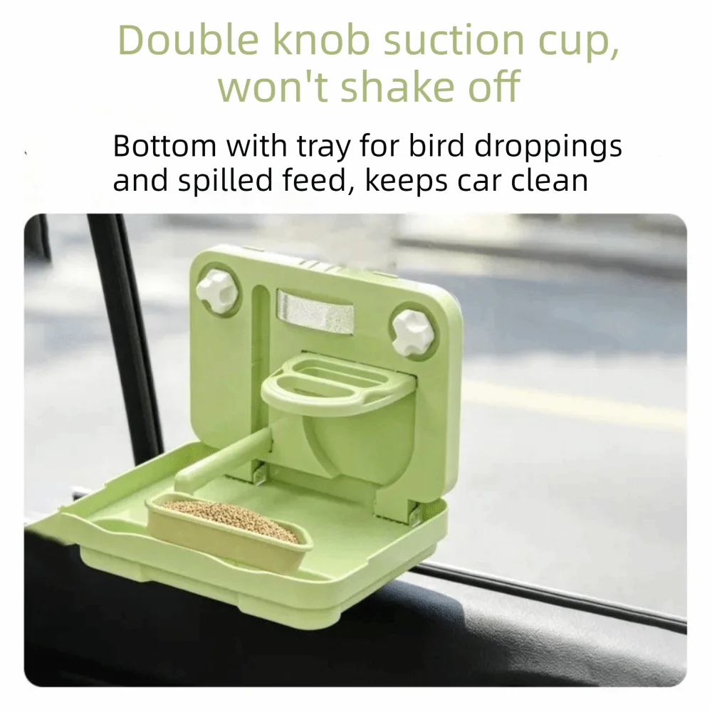 A light green double-knob bird feeder with a tray for bird droppings and spilled feed, mounted on a car window. The image includes text at the top explaining its benefits.