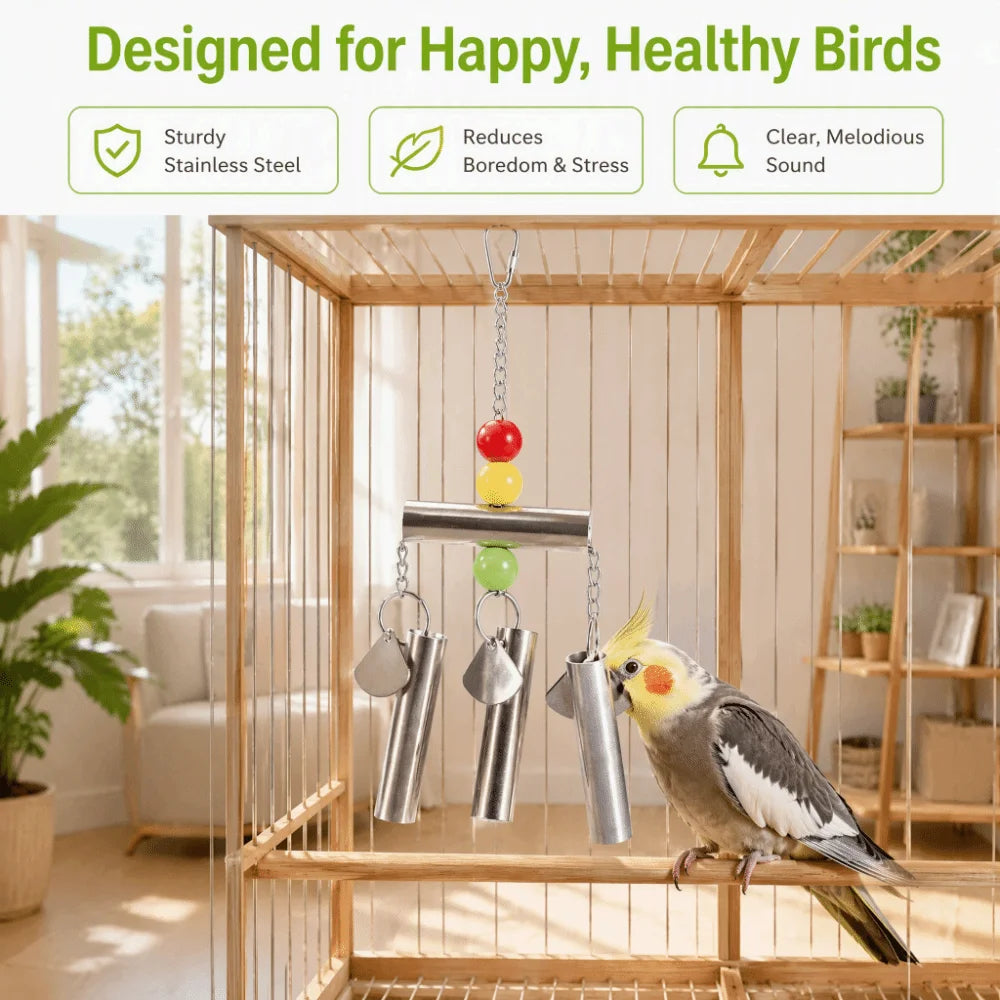 A cockatiel perched on a wooden bird cage in a bright living room, with a stainless steel hanging toy attached to the cage. Text at the top reads 'Designed for Happy, Healthy Birds' with feature icons for sturdy stainless steel, reduced boredom and stress, and clear melodious sound.