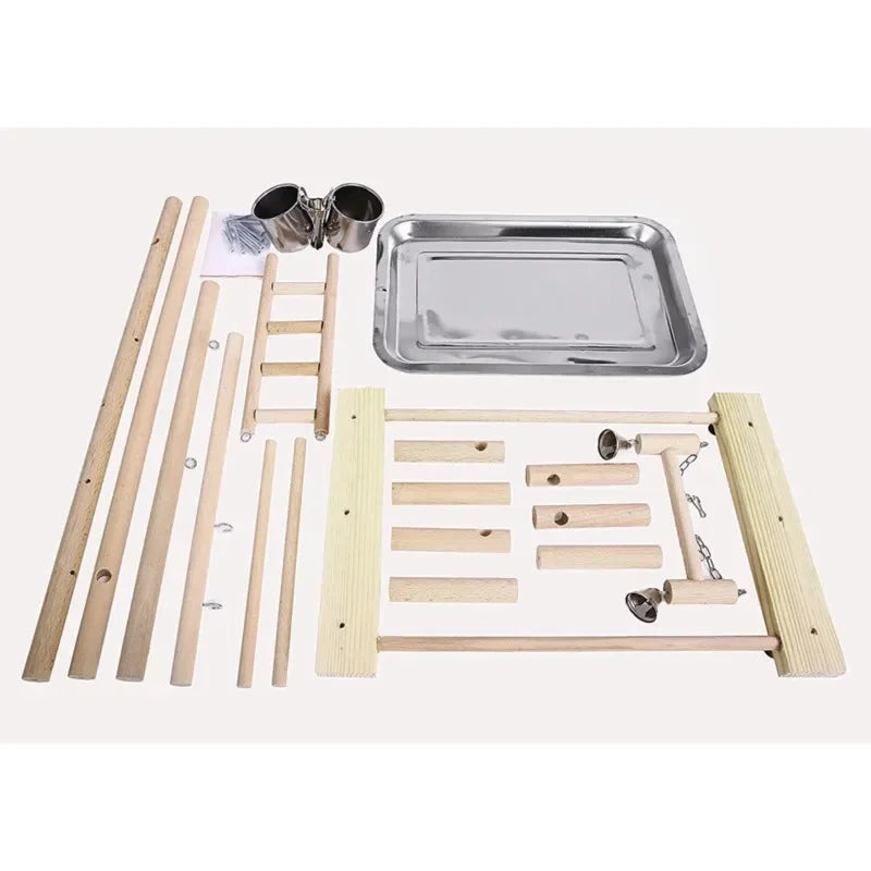 Wooden Bird Play Gym with Ladder, Swing & Feeding Cups | Bon Bon Bird Toys