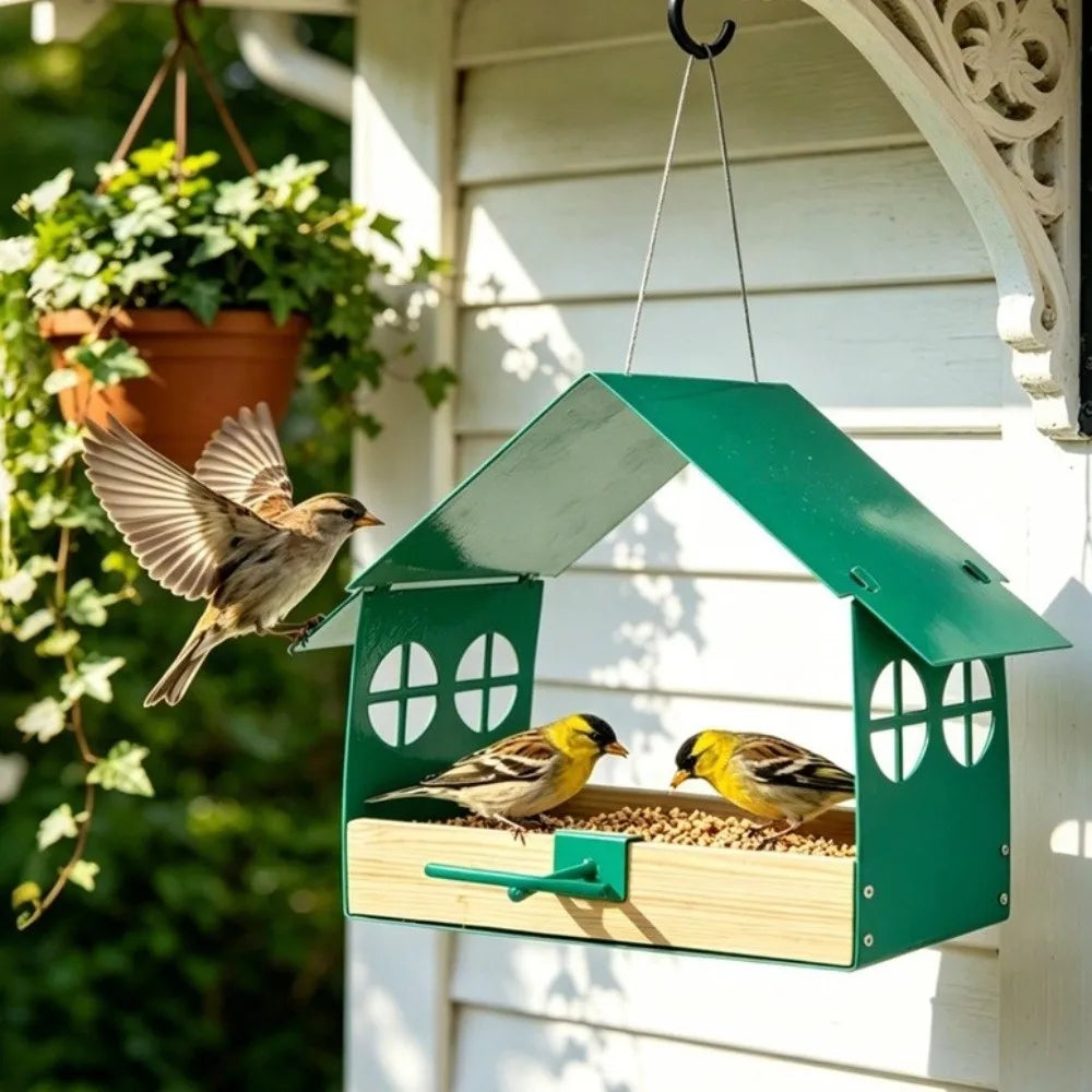 Green metal house-shaped bird feeder with a wooden seed tray, hanging on a white house exterior with two birds perched on it and another flying nearby.
