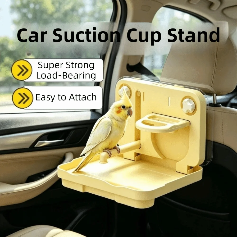 A beige car suction cup stand mounted on a car headrest, holding a small yellow-and-white cockatiel. The image includes text overlays reading 'Car Suction Cup Stand' and 'Super Strong Load-Bearing' and 'Easy to Attach'.